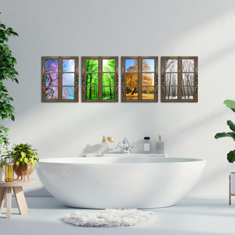 iHAPPYWALL 4 Seasons Modern Landscape Window Frame Style Wall Decor Spring Summer Autumn Winter Season Changes Forest with Sunshine Picture for Living Room Ready to Hang - Image 3